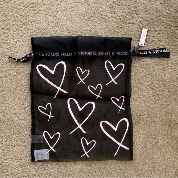 NWT Victoria's Secret Pink Embroidered Hearts Black Mesh Lingerie Drawstring Bag - Picture 2 of 8
